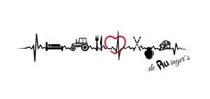 Ein kreatives Bild mit einem Herzschlagmuster, das verschiedene Symbole verbindet, darunter ein Traktor, Besteck, und eine Schere. Es vermittelt eine Verbindung zwischen Landwirtschaft, Liebe und Handwerk.