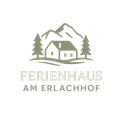 Ein stilisiertes Logo eines Ferienhauses mit Bergen und Bäumen. Der Text lautet "Ferienhaus am Erlachhof".