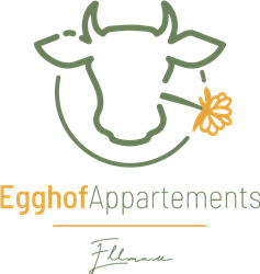 A simple logo with a cow and a flower. Below it, "Egghof Appartements" is written in elegant font.