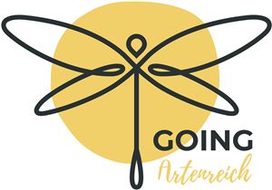 A simple logo with a stylized dragonfly on a yellow background. The text "GOING Artenreich" is designed in an elegant font.
