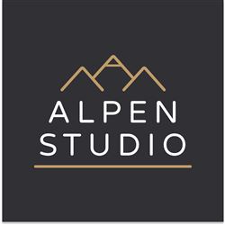 A simple and modern logo for "Alpen Studio" with stylized mountains. The colors are black, gold, and white.