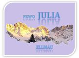 Eine stilisierte Darstellung von Bergen mit schneebedeckten Gipfeln im Hintergrund. Darauf stehen die Wörter "Fewo Julia Ellmau" in leuchtenden Schriftarten.