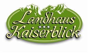 Ein Logo des Landhauses Kaiserblick mit einem grünen Hintergrund und Bergen im Design. Es trägt den Schriftzug "Landhaus Kaiserblick" in einer ansprechenden Schriftart.