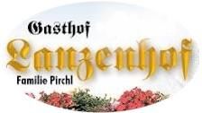 An inviting logo of the inn Lanzenhof. The golden lettering and the blooming flowers give the image a friendly atmosphere.