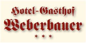 A logo of the Hotel-Gasthof Weberbauer with stylized letters.
It displays the name of the establishment in red on a light beige background.
