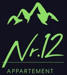 A stylish logo for an apartment named "Nr. 12". The graphic depicts mountain silhouettes in vibrant green on a black background.