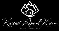 Ein minimalistisches Logo mit den Worten "Kaiser Apart Karin" und einem Berg- sowie Haus-Symbol. Es vermittelt ein Gefühl von alpiner Gemütlichkeit.