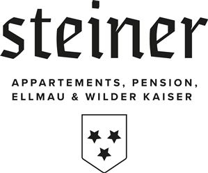 The logo of Steiner features the inscription and emphasizes the apartments as well as the guesthouse in Ellmau and Wilder Kaiser. It also includes a coat of arms with three stars.