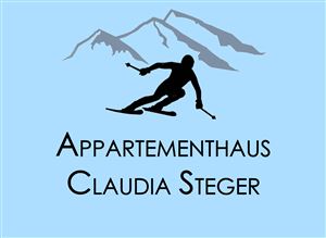A logo for the apartment house Claudia Steger. It features a skier and mountain landscapes on a light blue background.