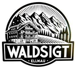 A stylized logo featuring a building in the foreground and mountains in the background. The text "WALDSIGT ELLMAU" is clearly visible.