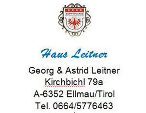 Ein Briefkopf für "Haus Leitner" in Ellmau, Tirol. Enthält Kontaktdaten und Adresse.