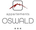 The logo of Appartements Oswald, consisting of a rounded gray square, which is interrupted by a reddish jagged pattern that symbolizes the Wild Kaiser. Below is the inscription "Appartements Oswald" and three stars