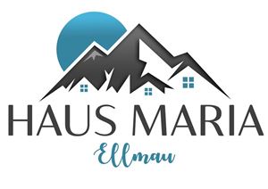 A modern logo with mountains and a blue circle. The inscription "Haus Maria Ellmau" is clearly readable and attractively designed.