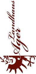 Ein stilisiertes Logo mit dem Schriftzug "Landhaus Ager". Es enthält dekorative Elemente wie Blätter und eine stilisierte Ikone.