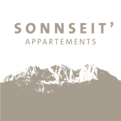 A minimalist logo featuring the text "SONNSEIT' APPARTEMENTS". In the background, a stylized mountain landscape is visible.
