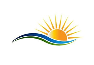 A stylized sun motif over waves in blue and green. The sun radiates with golden rays, conveying a sense of warmth and freshness.
