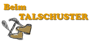 A logo with the inscription "Beim TALSCHUSTER" in a striking font. It also features an illustration of a shoe and plants.