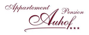 An elegant logo of the guesthouse "Auhof" with the lettering "Appartement Pension Auhof". The design is simple and appealing, ideal for accommodation.