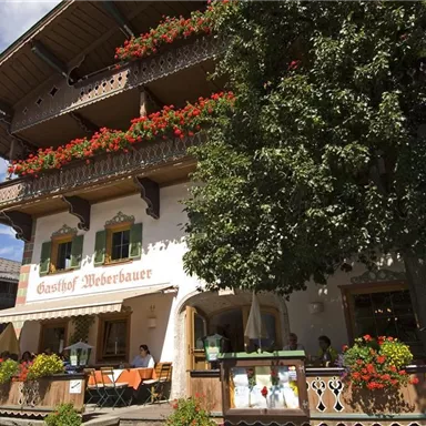 Ein traditionelles Gasthaus mit blühenden Fensterkästen und einem großen Baum im Vordergrund. Der Himmel ist klar und der Ort strahlt eine einladende Atmosphäre aus.