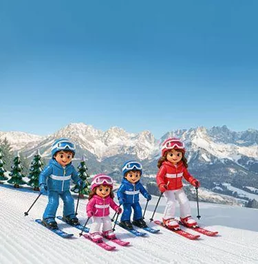 Eine fröhliche Skigruppe mit vier Kindern in bunten Skianzügen steht auf einer schneebedeckten Piste. Im Hintergrund sind majestätische Berge und ein klarer blauer Himmel zu sehen.