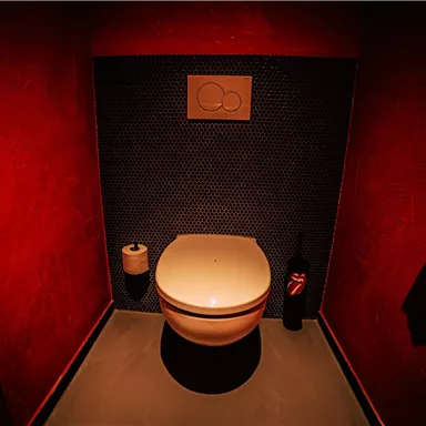 Ein modernes Badezimmer mit einem weißen Toilettenbecken vor einer rot gestrichenen Wand. Die Beleuchtung ist gedämpft und schafft eine intime Atmosphäre.