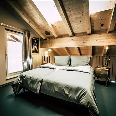 A stylish bedroom with a large bed and a wooden ceiling. Large windows provide bright light and a cozy atmosphere.
