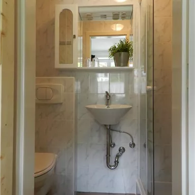 Ein modernes Badezimmer mit Dusche, Waschbecken und Toilette. Helle Fliesen und eine kleine Pflanze sorgen für eine freundliche Atmosphäre.