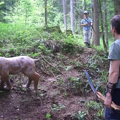 Ein realistisches Tiermodell eines Luchses im Wald. Zwei Personen stehen in der Nähe, eine mit einem Bogen, die andere beobachtet.