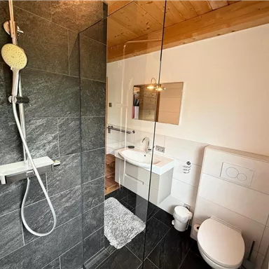 A modern bathroom with a shower and glass partition. The floor is tiled with dark tiles, and there is a simple sanitary installation.