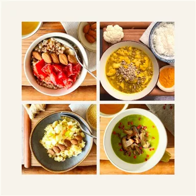 Vielfältige gesunde Gerichte in vier Schalen. Oben links eine Schüssel mit Haferbrei und Mandeln, rechts eine goldene Suppe, unten links ein Gericht mit Blumenkohl und unten rechts eine grüne Suppe mit Pilzen.