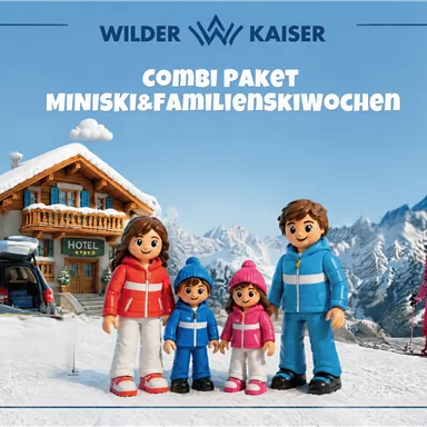 Eine winterliche Landschaft mit schneebedeckten Bergen und einer gemütlichen Berghütte. Eine Familie in Skibekleidung steht lächelnd vor der Hütte.
