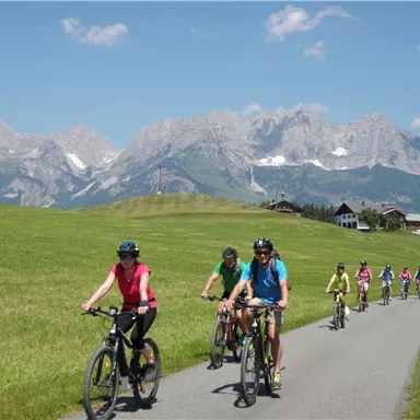 Eine Gruppe von Radfahrern fährt auf einem malerischen Weg durch grüne Wiesen mit beeindruckenden Bergen im Hintergrund. Der Himmel ist klar und sonnig.