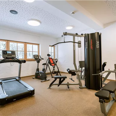 Ein moderner Fitnessraum mit verschiedenen Geräten wie Laufband, Kraftstation und Hanteln. Große Fenster sorgen für natürliches Licht.