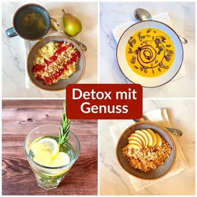 Gesunde Detox-Gerichte in ansprechenden Schalen. Getränke und Snacks sind reich an Nährstoffen und präsentieren frische Zutaten.