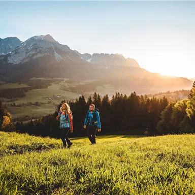 Zwei Wanderer gehen durch eine grüne Wiese. Im Hintergrund sind Berge und ein schöner Sonnenuntergang zu sehen.