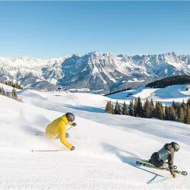 Two skiers are riding through fresh snow in the Alps. In the background, majestic mountain peaks are visible.