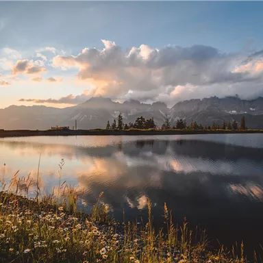 Ein ruhiger See spiegelt die Berge und den Himmel bei Sonnenuntergang wider. Die Umgebung ist mit Blumen und Gras gesäumt.