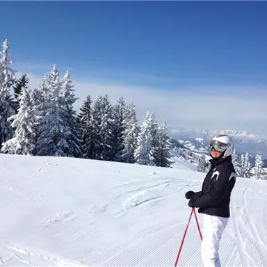 Eine schneebedeckte Landschaft mit vielen Tannenbäumen und klarem Himmel. Ein Skifahrer steht auf der Piste und schaut in die Ferne.