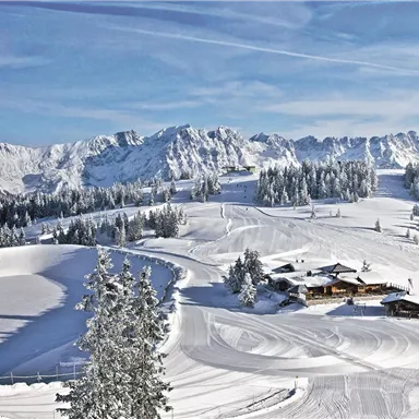 A picturesque winter landscape with snow-covered hills and mountains. Cottages stand in the distance, surrounded by fir trees.