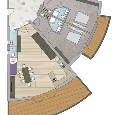 Eine Grundrisszeichnung eines modernen Apartments. Die Räume sind klar strukturiert und zeigen eine offene Wohn- und Essbereich.