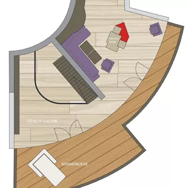 Eine Architekturzeichnung eines Raums mit verschiedenen Möbeln. Der Grundriss zeigt einen Fitnessbereich und eine Liegefläche.