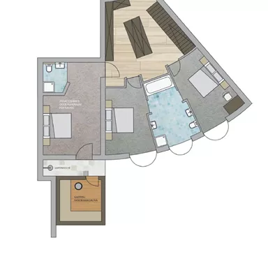Eine Grundrissskizze eines modernen Wohnraums. Der Plan zeigt Räume mit Sitzgelegenheiten, einem Wasserbereich und zwei Schlafzimmern.