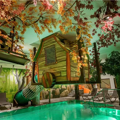 A pool area with a hanging treehouse and colorful leaves. In the background, water slides and a child-friendly atmosphere can be seen.