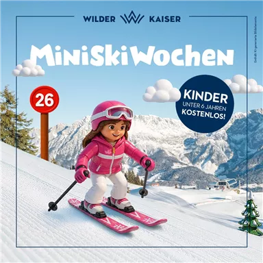 A girl on skis in pink clothing is skiing down a slope. In the background, there are snow-covered mountains and a blue sky with clouds.