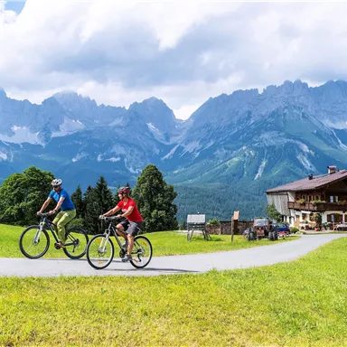 Zwei Radfahrer fahren auf einem Weg durch eine grüne Landschaft. Im Hintergrund sind majestätische Berge und ein traditionelles alpenländisches Haus zu sehen.