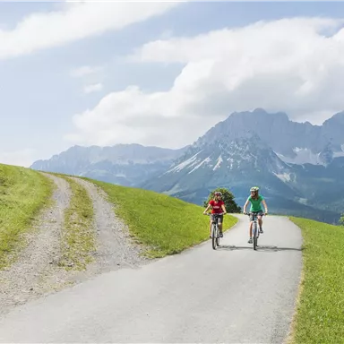 Zwei Radfahrer fahren auf einem Weg durch eine grüne Landschaft. Im Hintergrund sind majestätische Berge und ein blauer Himmel zu sehen.