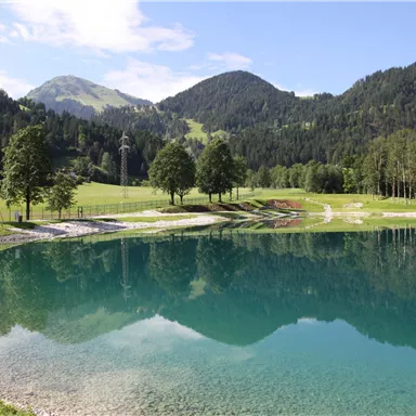 Ein klarer See umgeben von grünen Wäldern und Bergen. Die ruhige Wasseroberfläche spiegelt die Landschaft wider.