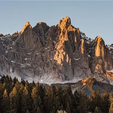 Eine beeindruckende Berglandschaft mit schroffen Gipfeln und goldenem Licht. Im Vordergrund sind dichte Wälder zu sehen.