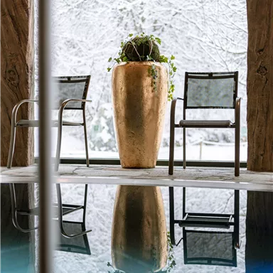 Ein elegantes Interieur mit einem goldenen Blumentopf und zwei Stühlen. Im Hintergrund ist eine schneebedeckte Landschaft sichtbar, die im Wasser reflektiert wird.