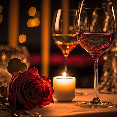 Ein romantischer Tisch mit zwei Weingläsern und einer roten Rose, umgeben von Kerzenlicht. Die warme Atmosphäre schafft eine einladende Stimmung für ein Abendessen zu zweit.